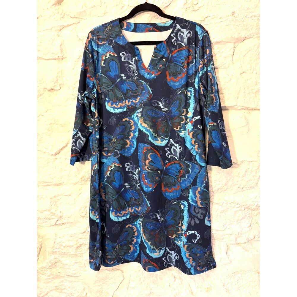 Light Bare XL Abstract Butterfly UPF 50+ Stretch Dress Blue 3/4 Sleeve Pockets